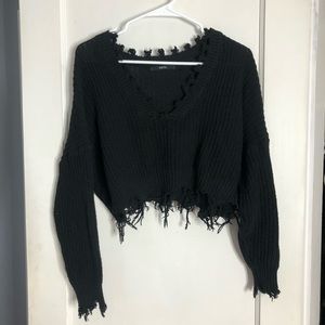 Black Distressed Cropped Sweater